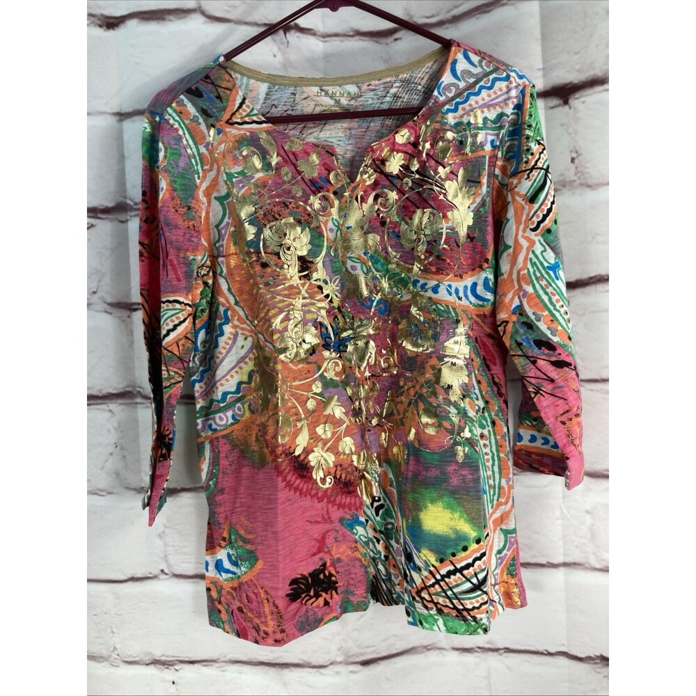 Hannah Shirt Size M Womens 3/4 Sleeves Colorful Bright Pattern Gold Cotton Pink